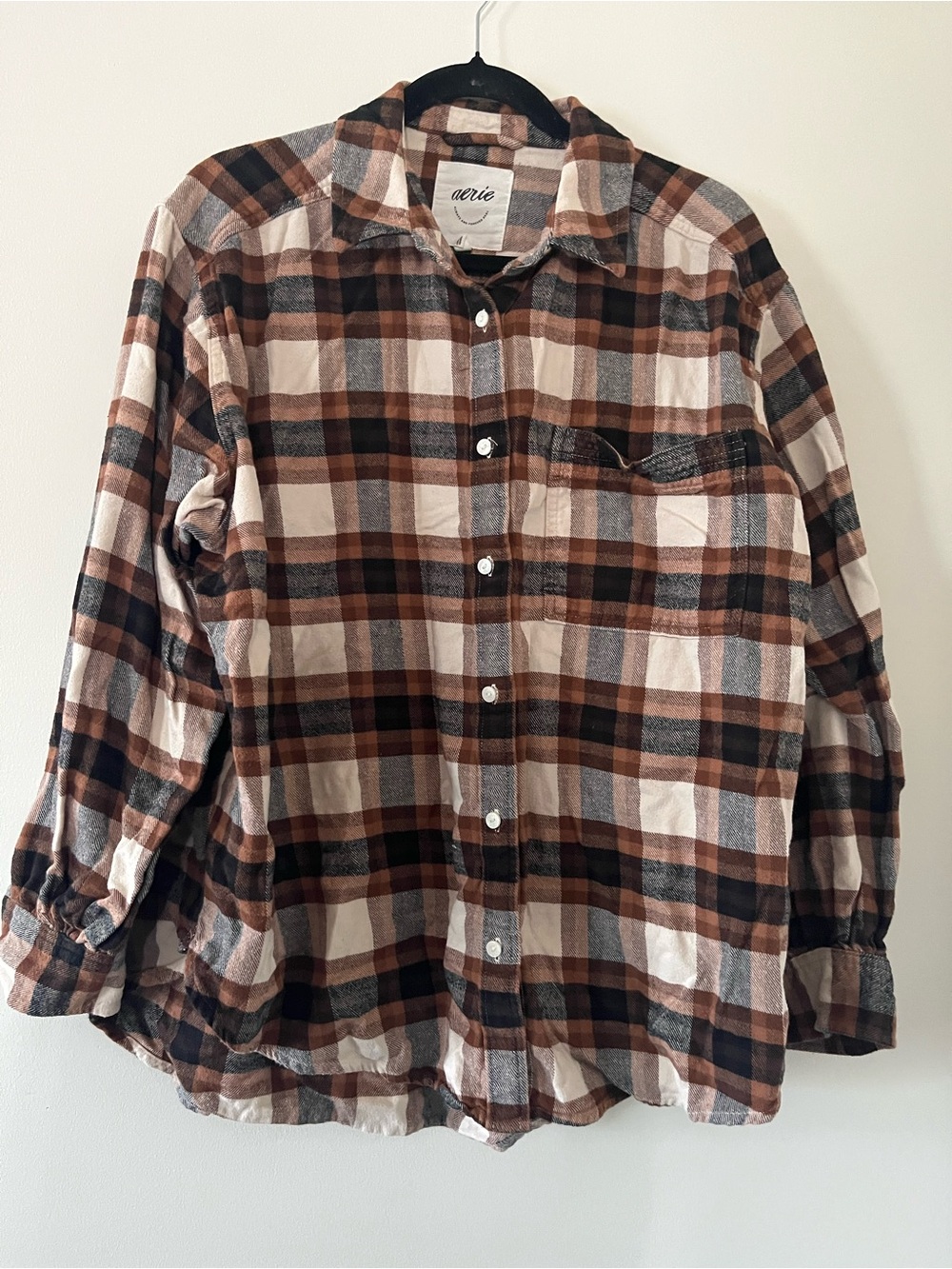 Aerie 100% Cotton Oversized Brown Button Up Flannel Shirt Large Rustic Fall